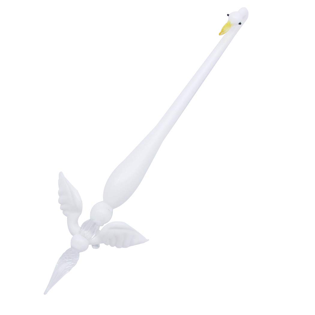 SIPLIV Handmade Crystal Glass Swan Dip Pen Fountain Pen Kit Vintage Calligraphy Signatures Pen with A Wing Pen Holder for Birthday, White