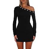 ABINGOO Women's Sexy One Shoulder Bodycon Mini Dress Long Bell Sleeve Slim Fit Cocktail Party Short Dresses