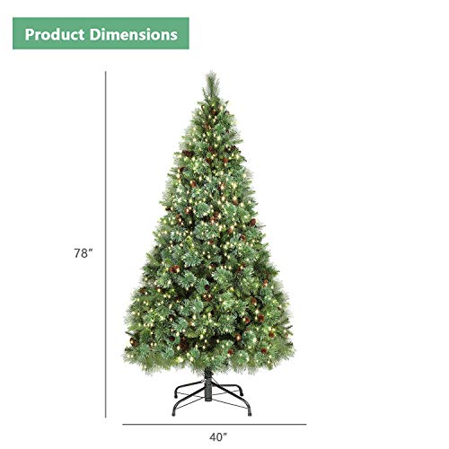SHareconn 6.5ft Pre-Lit Premium Artificial Hinged Christmas Pine Tree with 380 Clear Lights, 60 Pine Cones, 1460 Branch Tips and Metal Stand