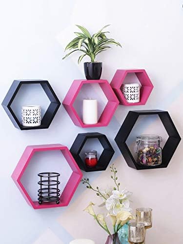 Home Sparkle Set of 6 Hexagon Wall Shelves Engineered Wood (Pink & Black)