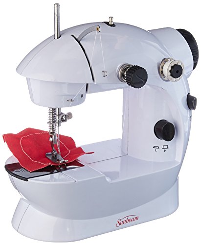 Sunbeam Mini Portable Sewing Machine AC Adapter Foot Pedal And Over 75 Piece Sewing Kit Included, Drop In Bobbin For Easy Set Up, Double Thread and Speed, Pre Threaded Ready To Use, Battery Operated As Well
