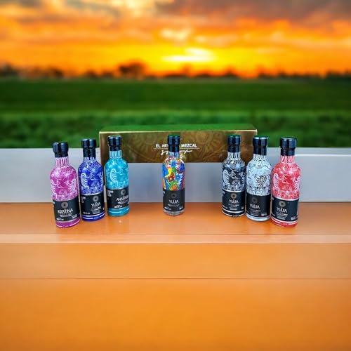 YULIIA Kit Estuche con 7 Botellas a Base de Mezcal - Incluye Espadín, Tepeztate, Tobalá y Sabores Maracuyá, Coco, Café y Jamaica, 50ml c/u