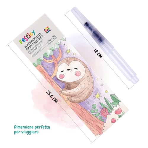 FESTICY Water Colouring Book for Children 25 Pages with Brush Tank Travel Games Without Dirt I Gift Birthday 4+ Years Old Creative Educational Activities