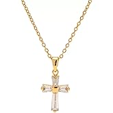 RueraHoo 18K Gold Plated Stainless Steel Cross Pendant Necklace with Zirconia, Religious Jewelry Gift