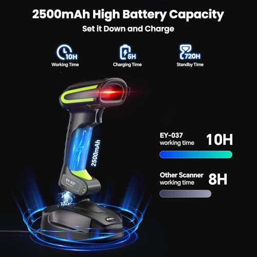 Eyoyo 2D QR Industrial Barcode Scanner with Wireless Charging Stand, Rugged Heavy Duty & IP65 Waterproof 3-in-1 Bluetooth & Wireless & USB Hands-Free Barcode Reader for Laptop Desktop Tablet Android
