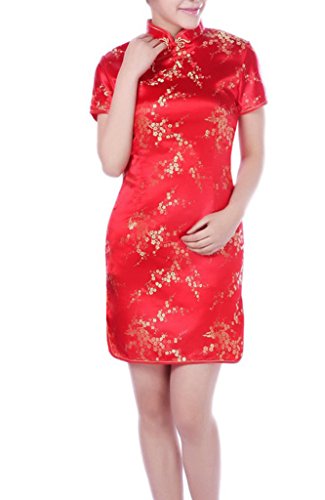 YICHUN Women's Short Chinese Dress Qipao Cheongsam Floral Slim Party Dress Red