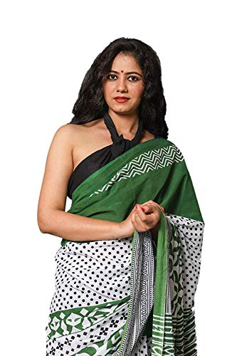 Hand Block Printed Cotton Mulmul Saree with unstitched Blouse (Jaipuri Print)