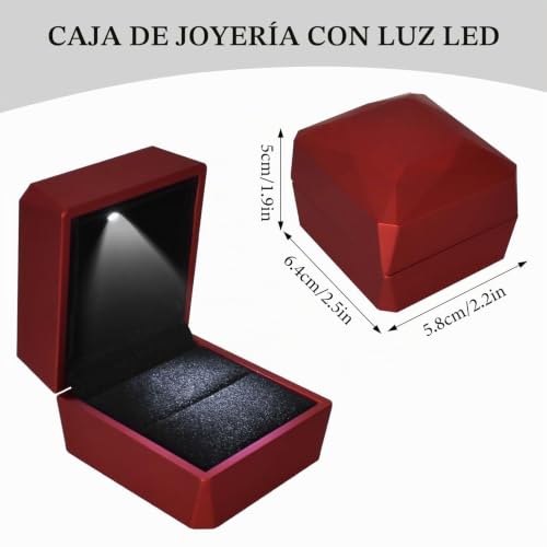 Colexy Ring Box with LED Light, Velvet Box, Jewellery Box for Rings, Rings LED Jewellery Storage Boxes, for Proposal Engagement, Weddings and Valentines, 5.8 x 6.3 x 5 cm, Red-A