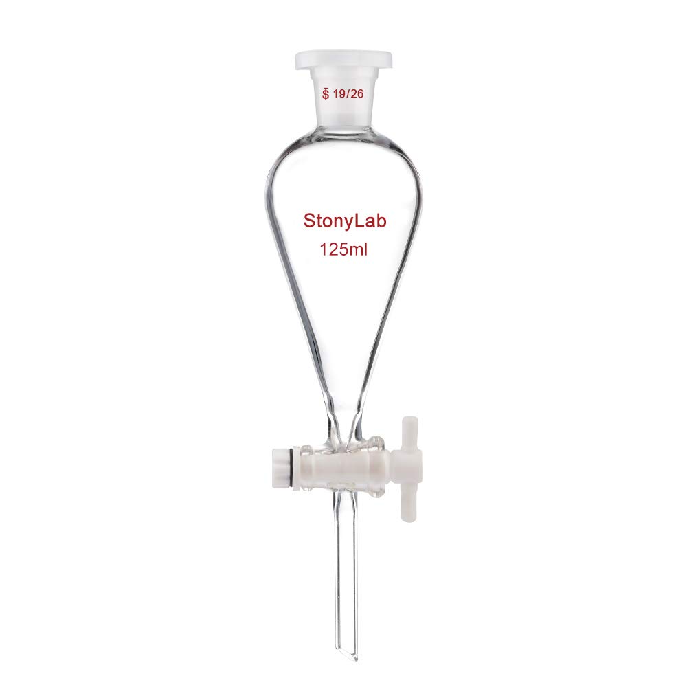 StonyLab Borosilicate Glass 125ml Heavy Wall Conical Separatory Funnel with 19/26 Joints and PTFE Stopcock, 125ml