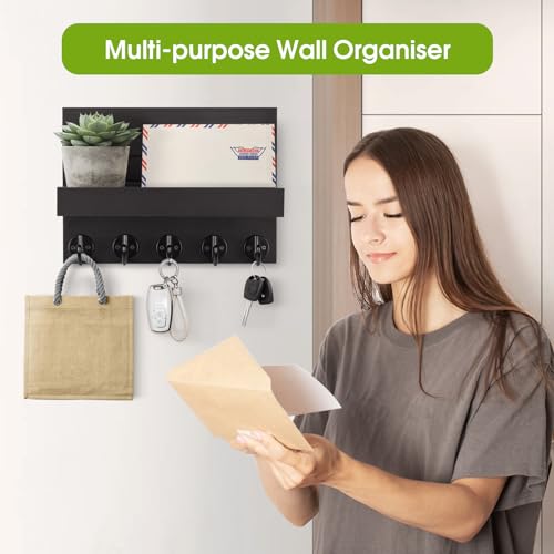 Kldgris Key Rack with Shelf, Decorative Wooden Wall Shelf, Key Rack Wood Black, with 5 Key Hooks, for Entrance, Hallway, Bedroom, Living Room