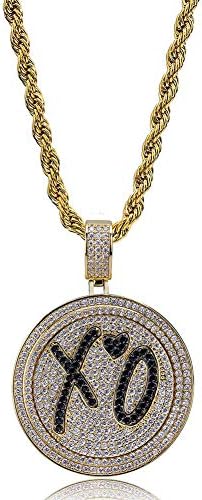 LC8 Jewelry Rapper Migos XO QC Rotatable Double disc Necklace,Hip Hop Iced Out Bling 18K Gold Plated Pendant Necklace with Stainless Steel Rope Chain, Ins Fashion Style