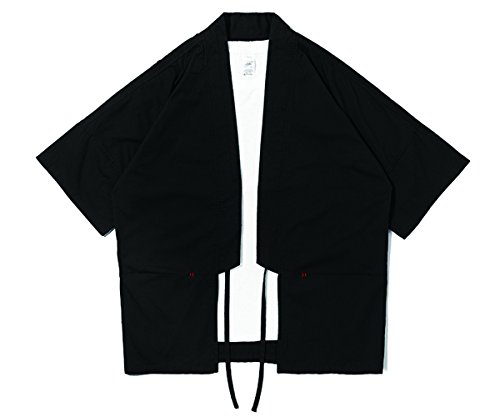 SAINDERMIRA Men's Pure Cotton Kimono Style Casual Shirt Noragi Lightweight Jackets Frock(Black,M)