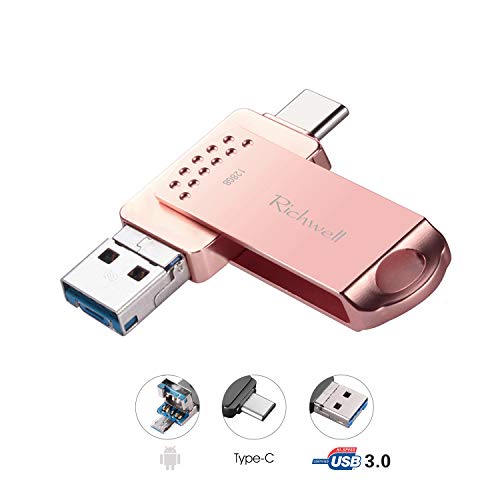 Richwell USB C Thumb Drive 128GB for MacBook USB C Drive for Android USB C Flash Drives 3in1 Memory Stick for Android Devices,Computers and New MacBook USB-C Equipment (Pink128G)