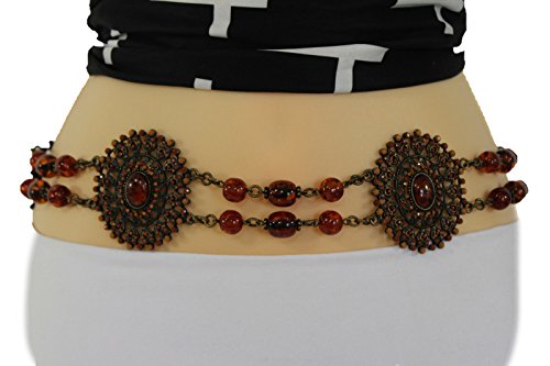 TFJ Women Fashion Metal Chains Tie Belt Hip Waist Antique Gold Brown Flower Charms
