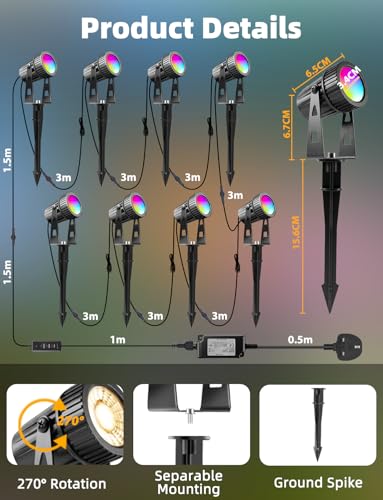 8Pack 24V LED Garden Spike Lights Mains Powered RGB + Warm White, IP65 Waterproof for Outdoor, 26M LED Garden Uplighters Bluetooth App & Remote Control, Color Changing Pathway Lights for Yard