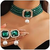 Octwine Boho 1920s Layered Pearls Rhinestones Choker Necklace Earrings Set Trendy Retro Black Red Necklace Dainty Bride Wedding Crystal Necklace Earrings Set for Women