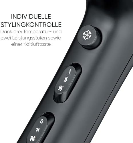 Haartrockner mit Kabeleinzug, leistungsstarker Föhn mit Kaltlufttaste, inkl. Diffusor und Düse, 3 Heiz- & 2 Leistungsstufen, 1,8m Kabel, 2.100 Watt, schwarz, HT 0165