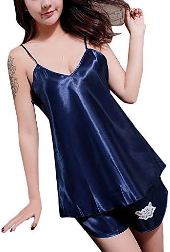 Rosennie Women Summer Fashion 2PC Home Silk Satin Solid Colour Pajama Sets Strap Vest Top and Embroidery Flower Shorts Casual Sleepwear