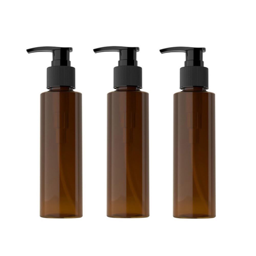 3PCS 100ml/3.4oz Empty Refillable Amber Frosted Plastic Lotion Pump Press Bottles Soap Dispensers Containers Jars with Black Pumps for Lotion Liquid Makeup Removel Oil Shampoo