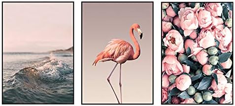 3Pcs Wall Art Decor Flamingo Rose and Wave with Printed Frame Self-Adhesive Wall Sticker for Home Office Living Room Bedroom 11.8x15.7inches (Pink)