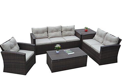 Carabelle Outdoor Wicker Patio 5 Piece Conversation Set, Tufted Back Seat Cushions, Sofa, Lovese ...