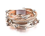 Fesciory Women Multi-Layer Leather Wrap Bracelet Handmade Wristband Braided Rope Cuff Bangle with Magnetic Buckle Jewelry(Rose Gold Beads)