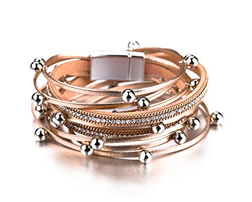 Fesciory Women Multi-Layer Leather Wrap Bracelet Handmade Wristband Braided Rope Cuff Bangle with Magnetic Buckle Jewelry(Rose Gold Beads)