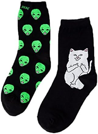 2 Pairs Women Men’s Funny Cartoon Alien Cat Cotton Anklet Art Socks (US Size 6-10)