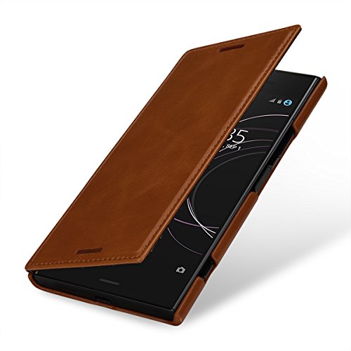 StilGut Genuine Leather Case for Sony Xperia XZ1, Slim Book Type Folio Flip Cover, Cognac Brown