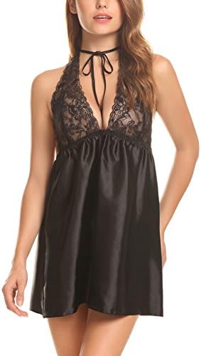 ADORNEVE Women Sexy Satin Sleepwear Lace Full Slip Backless Nightgown