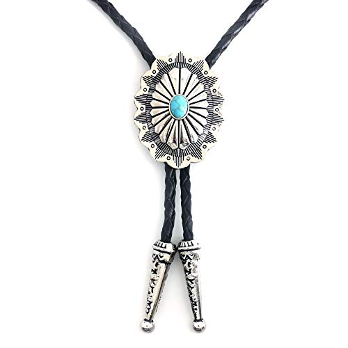 LAXPICOL Vintage Turquoise Stone Bolo Tie For Men Western Cowboy Oval Cool Retro Bola Tie Necktie