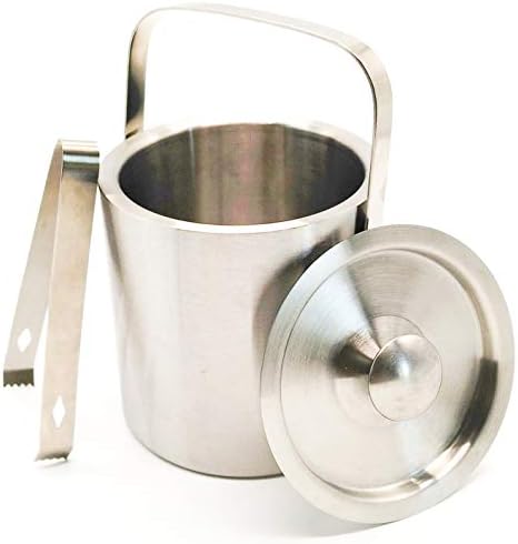 Stainless Steel Ice Bucket Chiller Set with Tongs, Lid; Double Walled Insulated Design; Great for Cocktail Parties, Barware, Serverware, Holding Ice, Wine, Champagne; 1.3L, Silver
