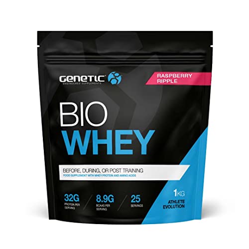 Genetic Supplements Whey Protein Powder – Whey Protein, Protein Supplement, BCAAs, Post-Workout, Protein Shake, Raspberry Ripple, 25 Servings, 1kg