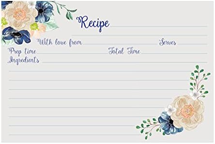 Recipe Cards (Set of 50) Floral Design - Size 4x6 Blank Cards, Double Sided, Great for Bridal Shower, Baby Shower, and Housewarming