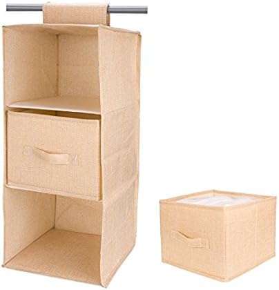 FAMLOVE Hanging Closet Organizer 3 Shelves with 1 Drawer Folding Wardrobe Storage Space Saving Heavy Duty for Clothes Sweater Shoes Organizer (Beige)