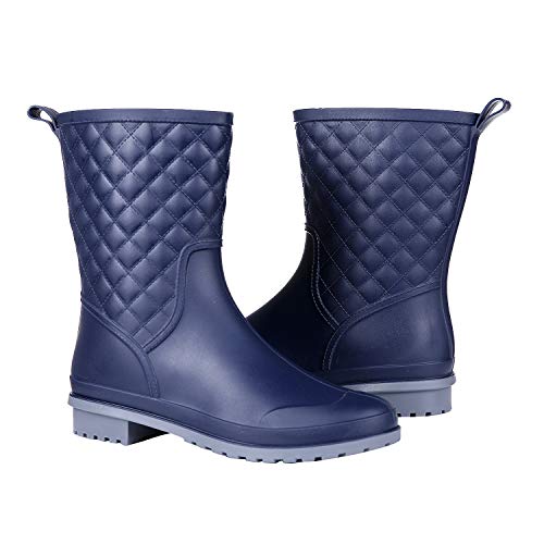 Litfun Womens Mid Calf Rain Boots Outdoor Garden Work Waterproof Boots Wide Calf Rain Shoes Navy - Thumbnail 2