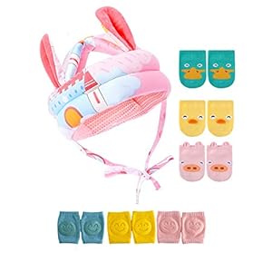 JunNeng Baby Walker Head Helmet Toddler Head Protector Bumper Bonnet with Knee Pads&Anti-Slip Socks (Pink Castle)