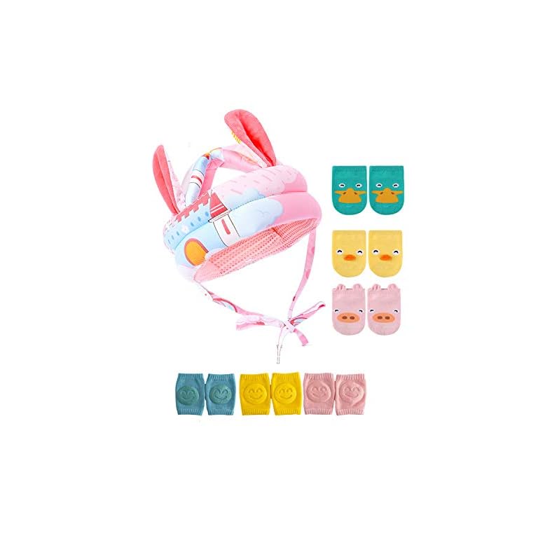 JunNeng Baby Walker Head Helmet Toddler Head Protector Bumper Bonnet with Knee Pads&Anti-Slip Socks (Pink Castle)