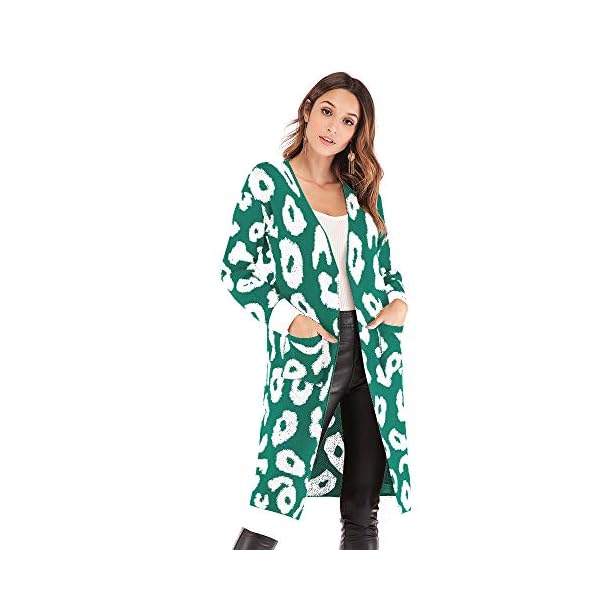 Carprinass Women Leopard Open Front Long Knitted Cardigan Pocketed Sweater Coat - Image 5