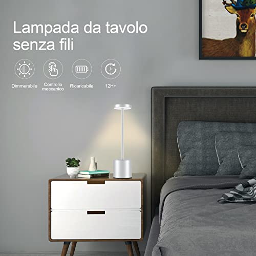 HYMZP Wireless Table Lamp, 5000 mAh Rechargeable LED Table Lamp, Dimmable, Metal Lamp, for Dining Room, Bedroom, Outdoors (Silver)