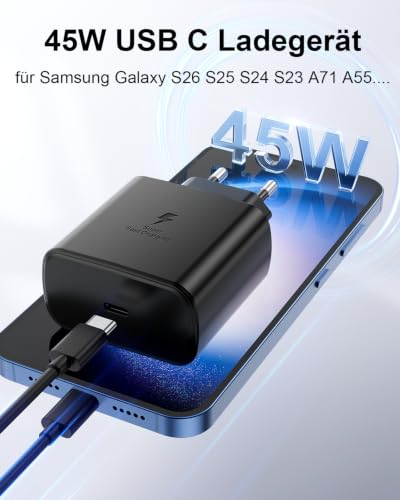 45 W USB C Charger for Samsung, 2 Pack Mobile Phone Quick Charger with 2 m Charging Cable, Type C Fast Charger for Samsung Galaxy S26 S25 S24 S23 Ultra 5G A56, iPhone 17 16 15.45 W Charger Super Fast
