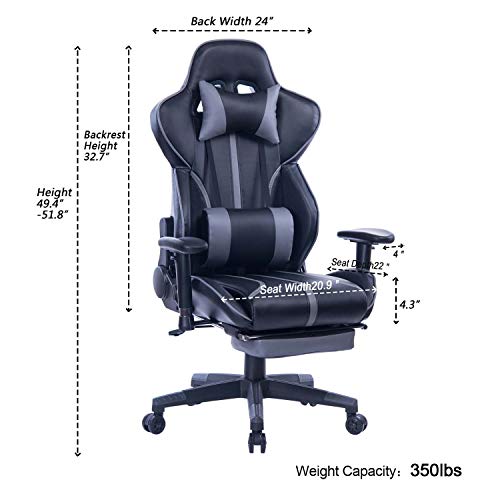 Blue Whale Gaming Chair with Adjustable Massage Lumbar Pillow,Retractable Footrest and Headrest -Racing Ergonomic High-Back PU Leather Office Computer Executive Desk Chair 8239Grey