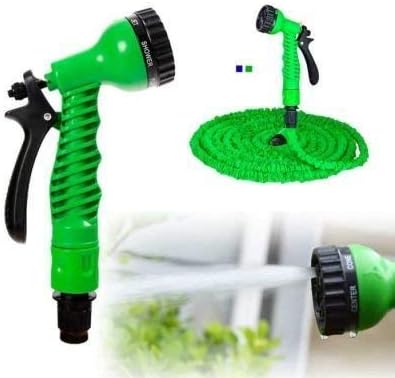 krishnalifestyle Expandable Magic Flexible Plastic Hose Pipe Nozzle with Spray Gun and 7 Adjustable Modes (50 ft; Green and Black)
