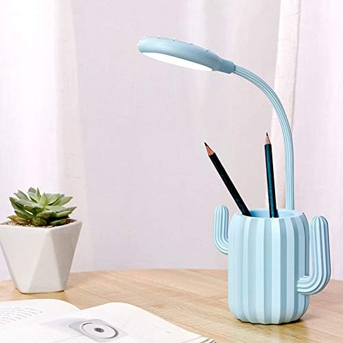 JLAKYU7 Led Desk Lamp, LED Reading Light Eye-Care USB Rechargeable Dimmable 3 Brightness Touch Sensitive with Cactus Shaped Pen Holder for Books Bed Kids(Blue)