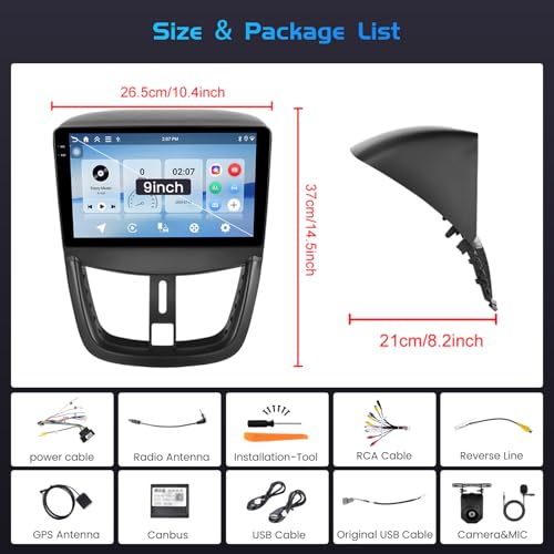 Inefala 4+64G Android 15 Radio para Peugeot 207 2006-2015 con 9'' In-Cell Pantalla con Wireless Carplay y Android Auto Mirror Link Radio FM/RDS GPS WiFi Bluetooth SWC Cámara Inversa