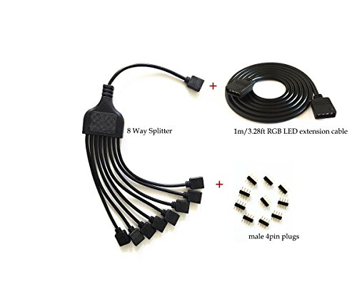 4 Pins black rgb LED Splitter Cable LED Strip Connector 8 Way Splitter Y Splitter for One to Eight RGB 5050 3528 LED Light Strips with,rgb extension cableï¼Œ rgb wireï¼Œ10x Male 4 Pin Plugs Splitter Cable