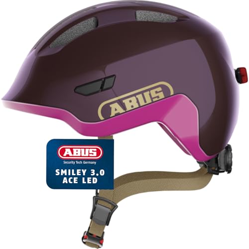 ABUS Kinderhelm Smiley 3.0 ACE LED - Fahrradhelm mit Licht - tiefe Passform & Platz für einen Zopf - für Mädchen und Jungs - Violett Glänzend, Größe M
