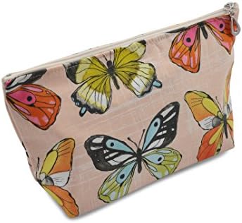 Dana Herbert Designer Travel Cosmetic Tolietries Bag, Size Medium 5x9 inch Cotton with Plastic Liner, Handmade in USA, Peach Butterfly Pattern