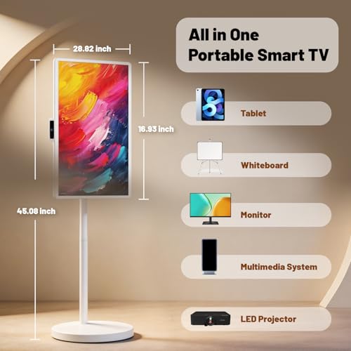 VLH 32″ FHD Portable TV on Wheels, Rolling TV with 38400mAh Battery, Android 15 OS, EDLA-Certified, 8G+128GB, Touch Screen Television with Camera, Wireless Casting, Voice Remote Control