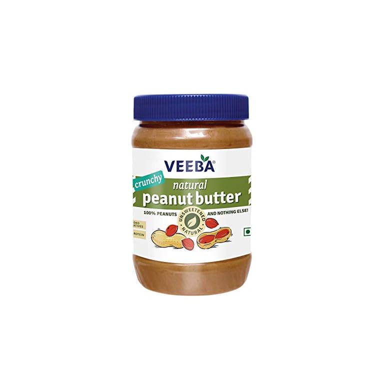 VEEBA Natural Peanut Butter Crunchy Unsweetened, (100 Peanuts) Jar